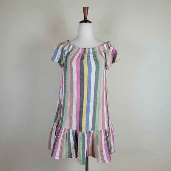 Marine Layer Dress Small Shirley Rainbow Stripe Off Shoulder Ruffle Mini Summer - Picture 2 of 9